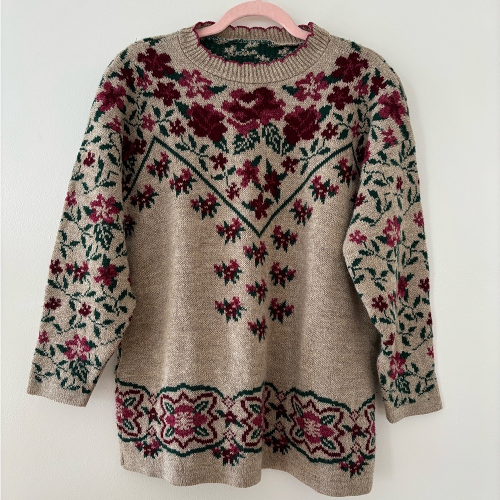 Vintage Pink Green Floral Sweater Vine Pattern Read Description L/XL